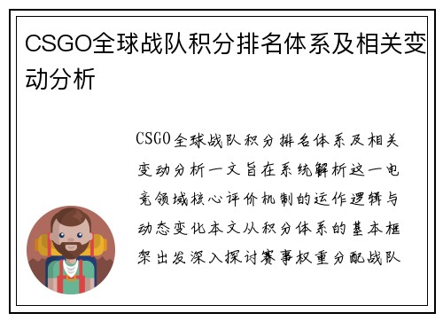 CSGO全球战队积分排名体系及相关变动分析