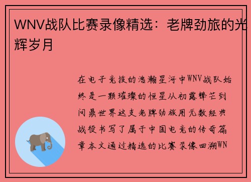 WNV战队比赛录像精选：老牌劲旅的光辉岁月