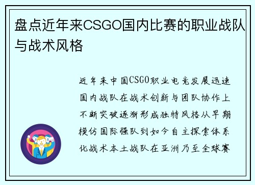 盘点近年来CSGO国内比赛的职业战队与战术风格