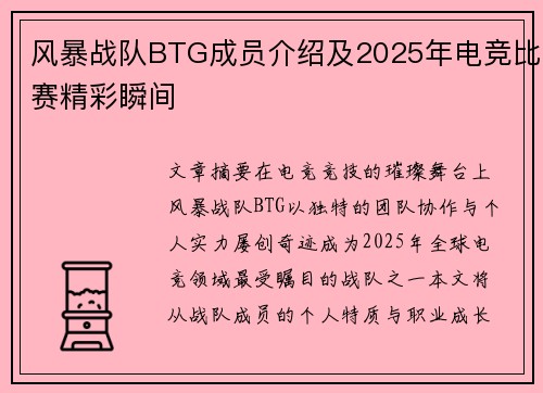 风暴战队BTG成员介绍及2025年电竞比赛精彩瞬间
